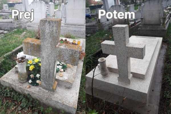 Obnova kamnitega križa – prej in potem; čiščenje mahu, lišajev in popolna sanacija nagrobnika.
