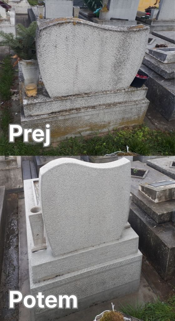 Obnova nagrobnega spomenika – prej in potem; profesionalno čiščenje in sanacija kamna.